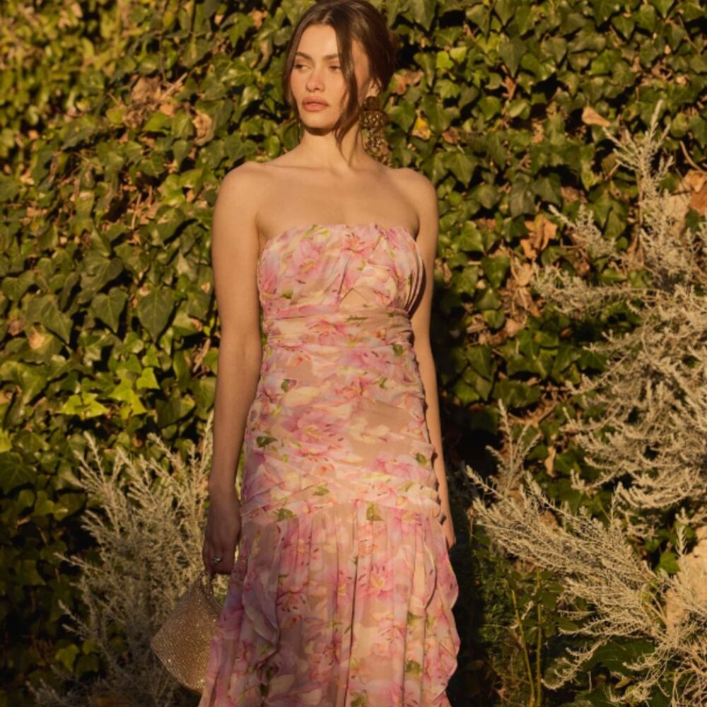 ASTR the Label Women's Estefany Floral-Print Strapless Maxi Dress - NWT SIZE M